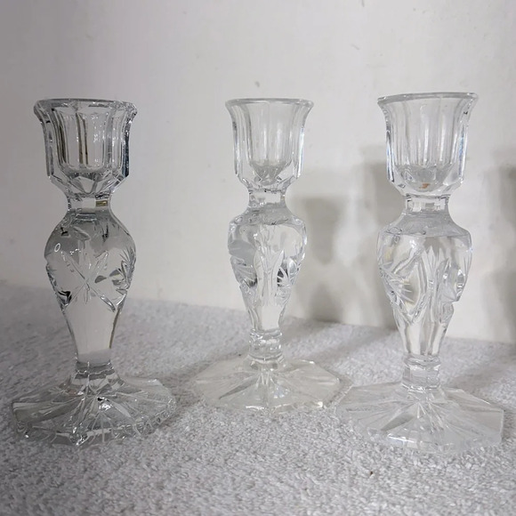 Vintage Clear Lead  Crystal whirling Star Pinwheel Candlestick Holders X3 - Picture 5 of 12